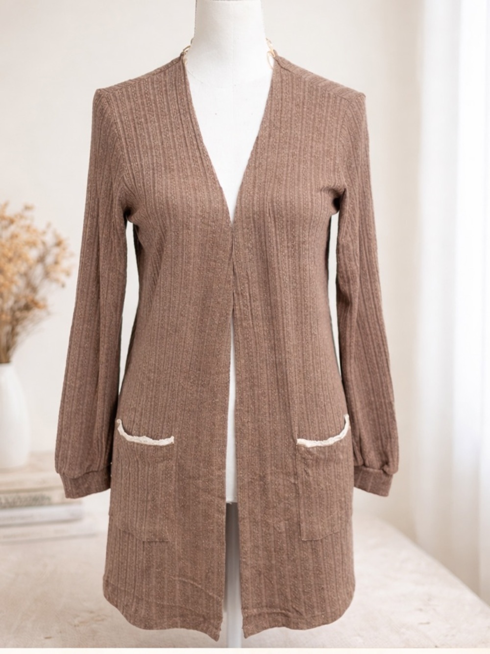 NWT Blu Pepper Taupe Ribbed Open Front Cardigan Size Large Cozy Lightweight